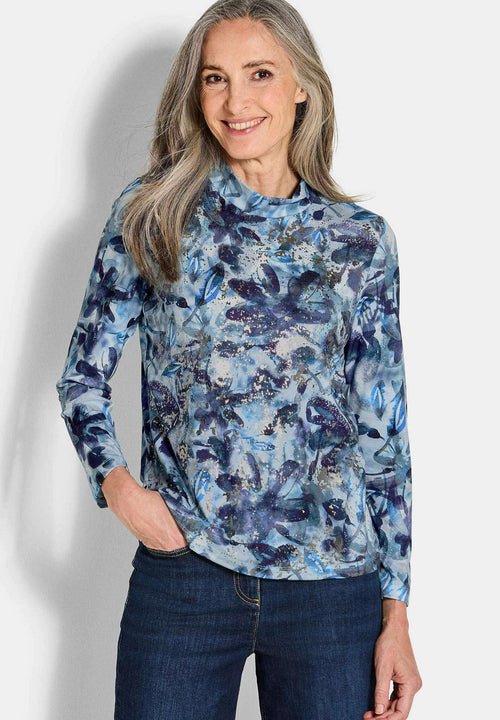 GOLDNER Drucks Petite long sleeved top blue patterned – front view