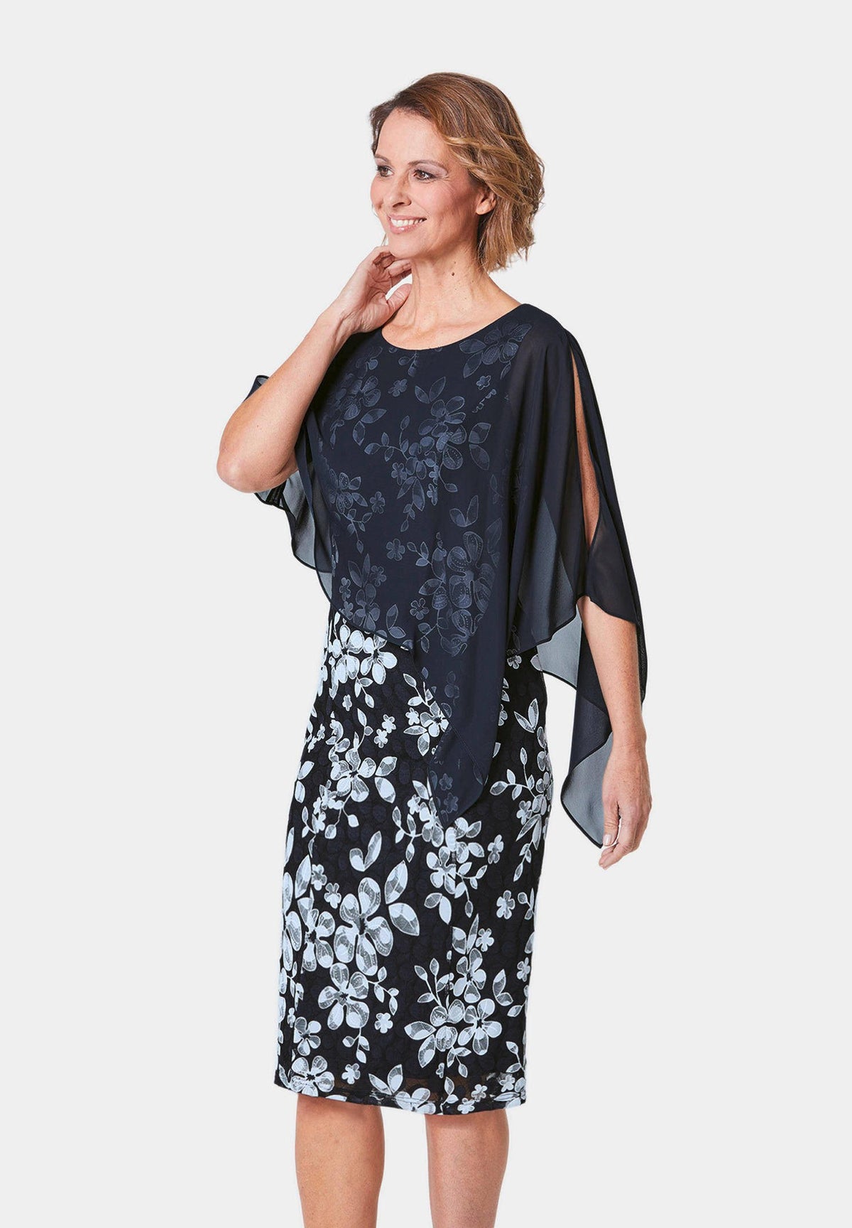 GOLDNER shift dress midnight blue white flowered – front view